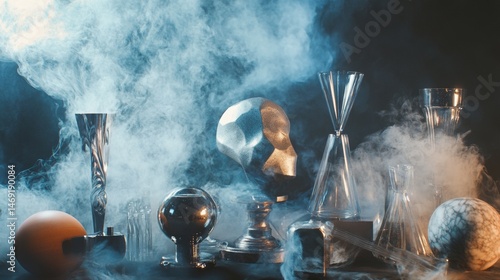 Obraz na płótnie Vintage barware and mist creating moody drink preparation scene with reflective metal cocktail tools arrangement w salonie