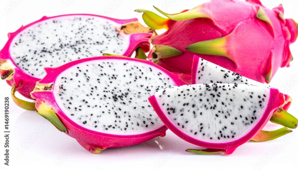 Fresh Dragon Fruit Cut in Half Showing White Flesh and Seeds white background Fresh Dragon Fruit Cut in Half Showing White Flesh and Seeds white background