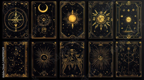 Golden celestial symbols on black, depicting tarot card back designs