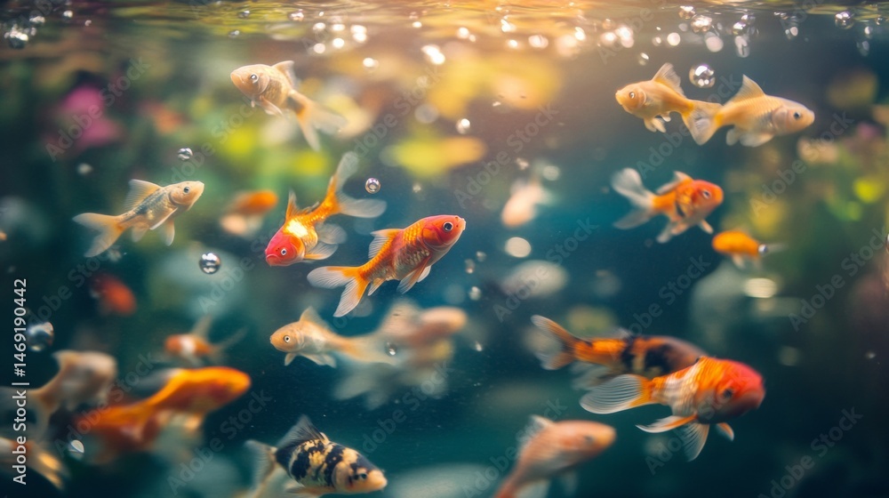 Group of goldfish and koi fish swimming underwater in vibrant blue aquarium with sunlight reflection