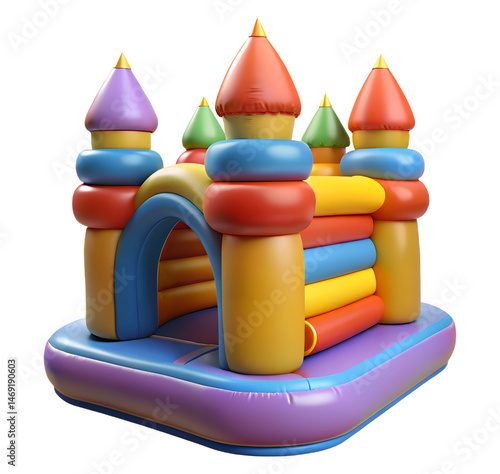 3D Render of Colorful Inflatable Castle Bounce House on Transparent PNG Background