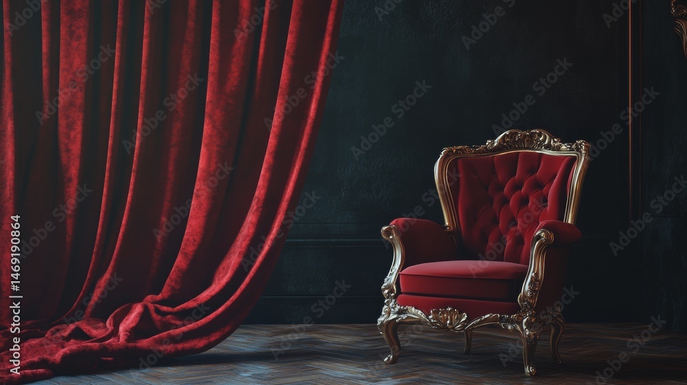 Vintage red armchair with elegant baroque details in front of rich velvet curtain background stage concept