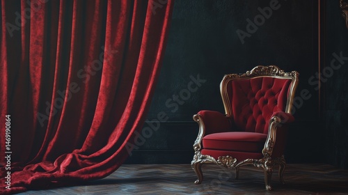 Obraz na płótnie Vintage red armchair with elegant baroque details in front of rich velvet curtain background stage concept w salonie