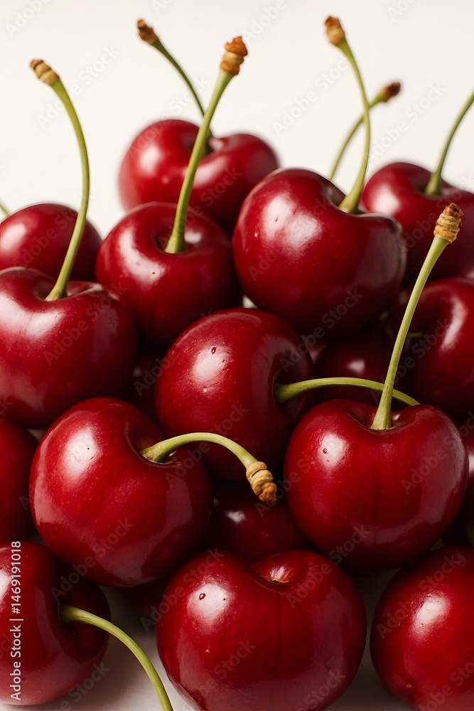 Closeup of Fresh Red Cherries with Stems on Clean White Background Closeup of Fresh Red Cherries with Stems on Clean White Background