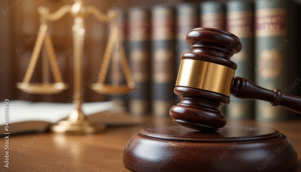Wooden Gavel and Scales of Justice in a Law Library Setting with Legal Books in Background Wooden Gavel and Scales of Justice in a Law Library Setting with Legal Books in Background