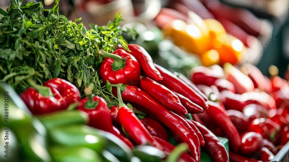 Fresh spicy red chili peppers stacked in vegetable market with vibrant colors and organic rustic setup