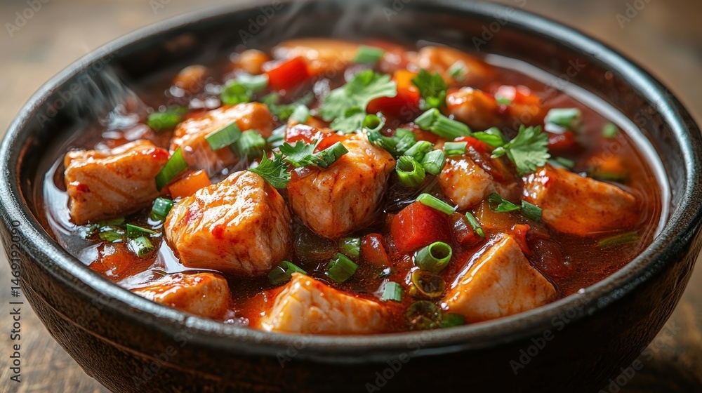 Chicken in a spicy sauce bowl with green onion Chicken in a spicy sauce bowl with green onion