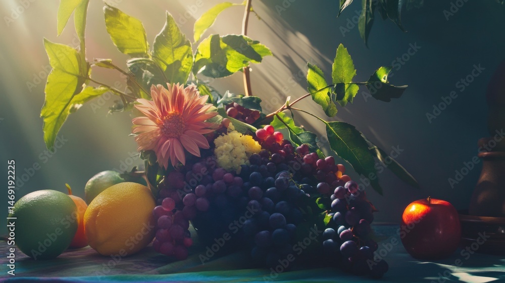 Assorted fruits with grapes apples and bananas under low dramatic light with dark moody background contrast