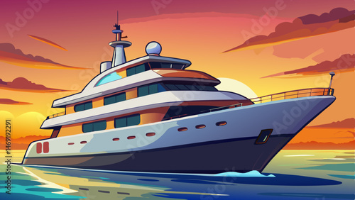 Luxury Yacht at Sunset Majestic Cruise Ocean Voyage Warm Golden Hues