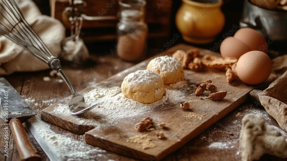 Raw cookie dough and eggs scattered across messy kitchen counter with flour and utensils in baking action