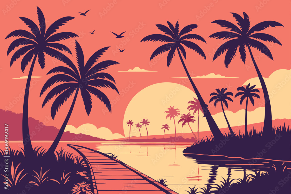 Fototapeta premium 46 palm trees, sunset, reflection, tropical, paradise, serene, reflective surface, long walkway, atmospheric, vibrant colors, cinematic, digital art