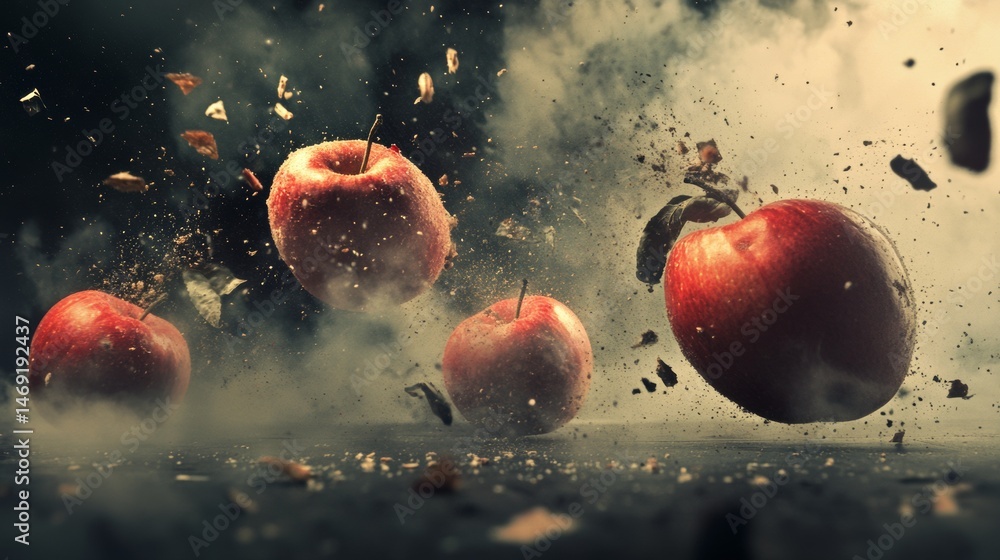 Exploding apples captured mid-air with dramatic debris in high speed photography and creative food scene