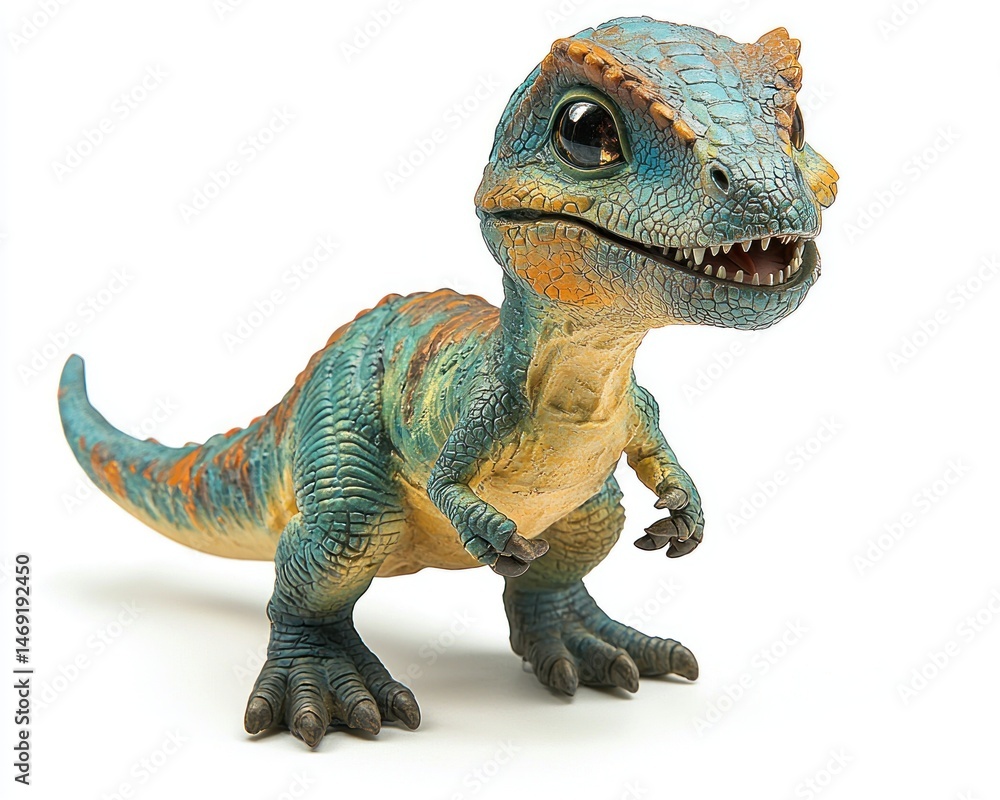 Obraz premium Tiny, colorful dinosaur toy. A small, vibrant dinosaur figurine, likely a T-Rex, in teal, orange, and yellow hues. Cute, detailed design, stands on all fours, facing forward