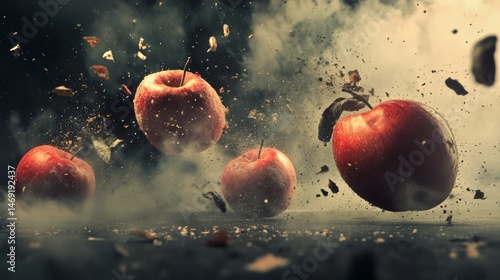 Obraz na płótnie Exploding apples captured mid-air with dramatic debris in high speed photography and creative food scene w salonie