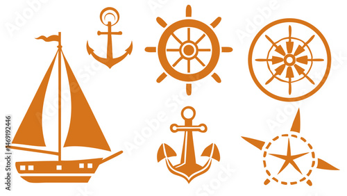 Nautical orange sailboat anchors ship wheel compass seafaring adventure ocean journey nautical