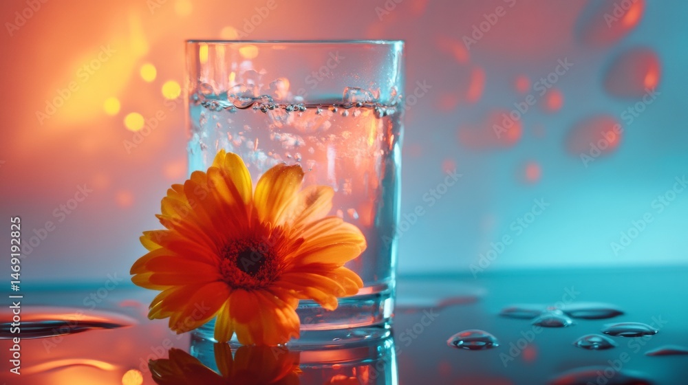 Blue and orange drink with flower and bubbles on gradient backdrop with fresh citrus and romantic vibe