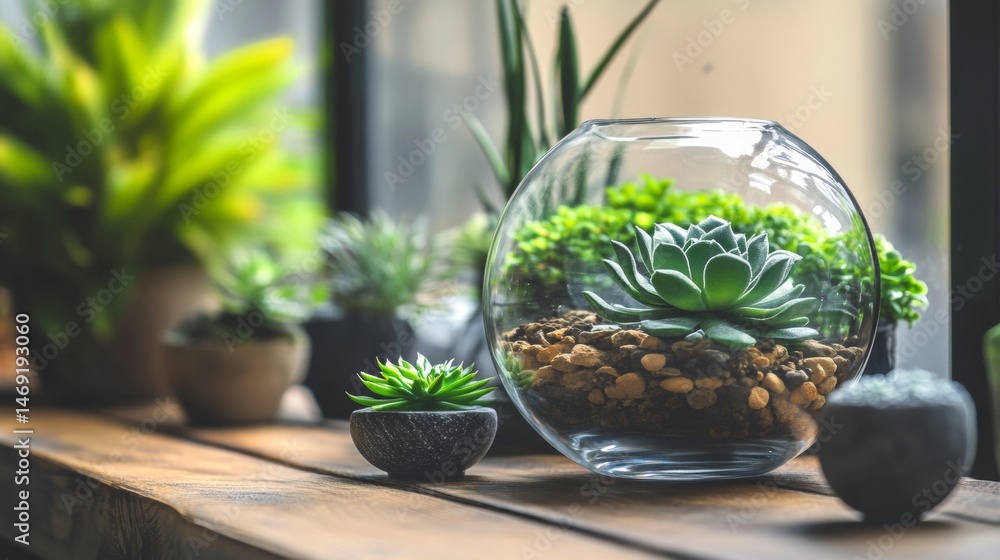Glass terrarium with green succulents by window natural light and decorative stones in indoor botanical scene
