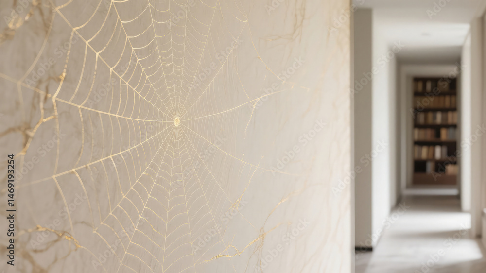Obraz premium Elegant gold spider web design decorating a wall within a modern interior setting