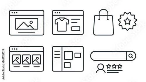 E-commerce and shopping outline icons set – line, online, retail symbols