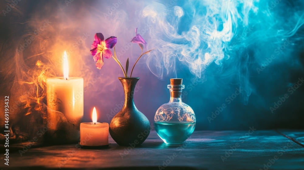 Orchid flower with candles and perfume bottles in mystical spiritual atmosphere with blue smoky background
