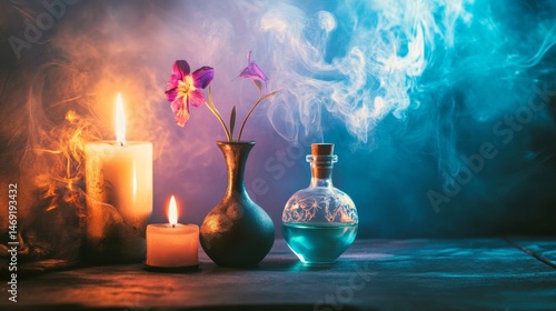 Obraz na płótnie Orchid flower with candles and perfume bottles in mystical spiritual atmosphere with blue smoky background w salonie
