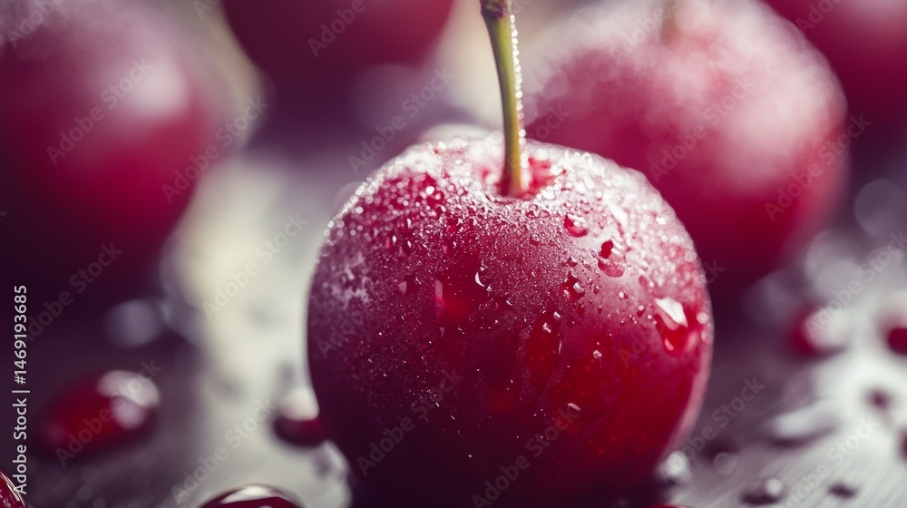 Macro cherry closeup with water drops and shallow depth on dark blurred background in moody food setup