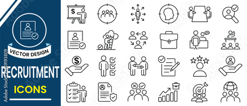 Recruitment icon vector collection set. Line icon with recruitment, interview, job fair, screening, career, resume, work group, candidate, job hiring, employee icon. Vector illustration.