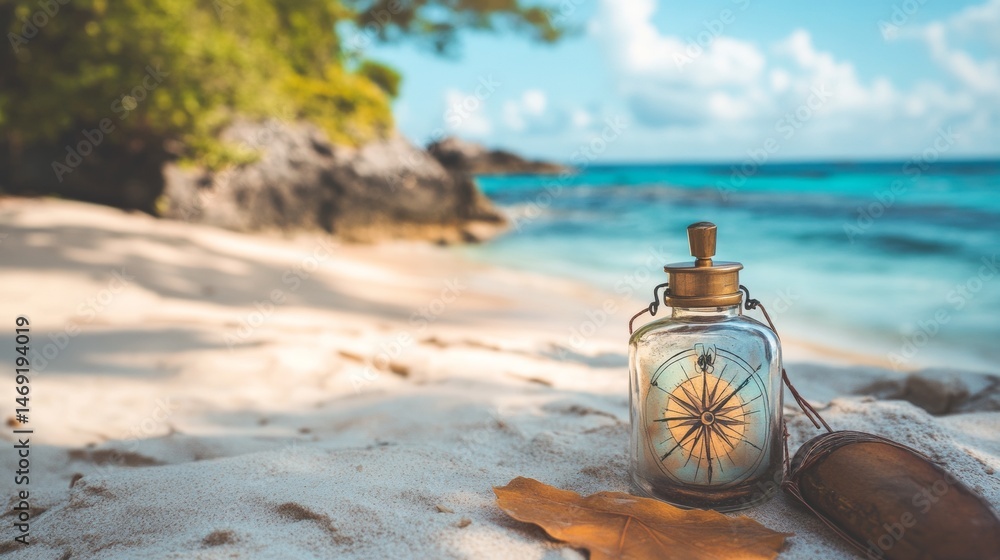 Glass bottle lantern on tropical beach sand with seashells and turquoise ocean in sunset golden hour