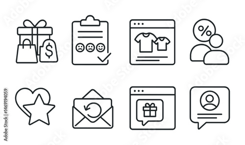 Shopping and ecommerce outline icons set – linear, silhouette, online retail symbols