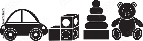 Playtime Collection: Playful monochrome illustrations of a toy car, building blocks, a stacking toy, and a teddy bear, perfectly capturing the essence of childhood fun and imagination.