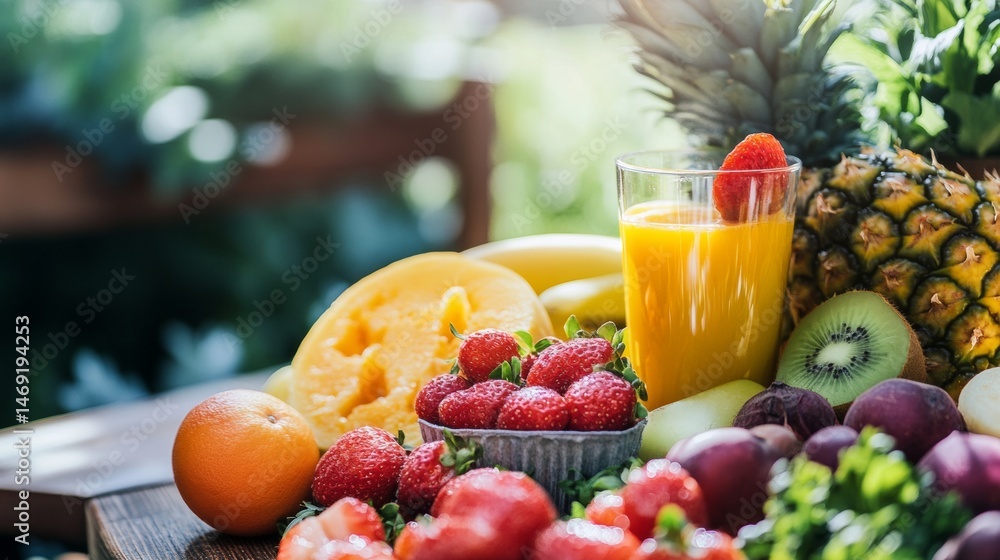 Assorted fresh fruits with orange juice and pineapples arranged on wooden table with outdoor background