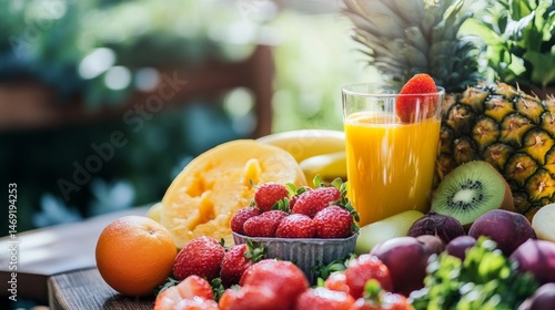 Obraz na płótnie Assorted fresh fruits with orange juice and pineapples arranged on wooden table with outdoor background w salonie