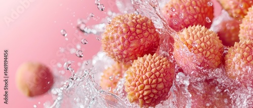 Fresh lychees in water splashing on a pink background.