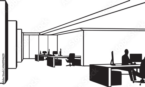 Minimalist Modern Office: A clean, uncluttered office space, showcasing a minimalist design with desks, chairs, and computers, creating a sense of productivity. 