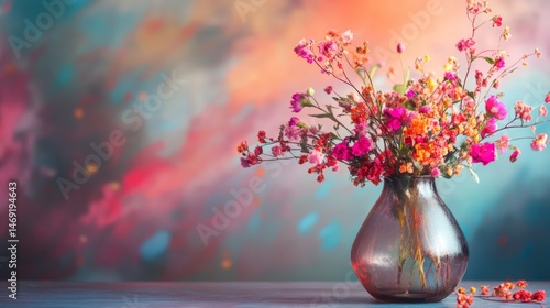 Glass vase with vibrant cherry blossoms in colorful light reflections and soft dreamy gradient background