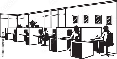 Workspace Harmony: A sleek, open-plan office setting, featuring silhouettes of workers engrossed in their tasks, emphasizing the modern workplace dynamic and collaborative environment. 