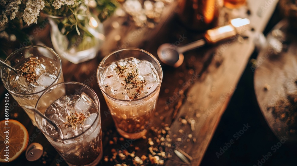 Bar drinks with ice and lemon slices scattered on counter with ambient lighting and rustic textures detail