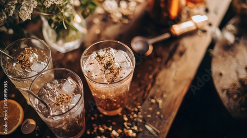 Obraz na płótnie Bar drinks with ice and lemon slices scattered on counter with ambient lighting and rustic textures detail w salonie