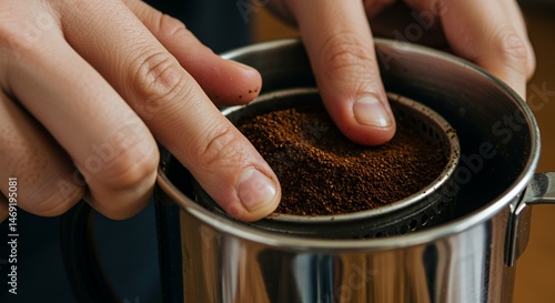 Preparing Vietnamese Coffee: A Close-Up of Hands Adding Ground Coffee to a Phin Filter