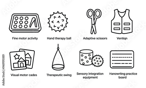 Special needs education icons set – outline, therapy, adaptive tools and aids