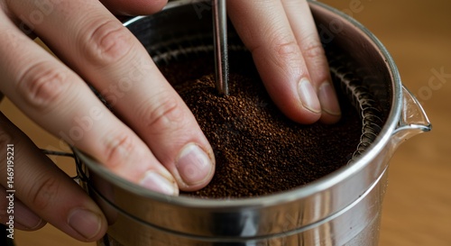 Preparing French Press Coffee: A Close-Up View of Hands Adding Ground Coffee Beans to a Metal French Press
