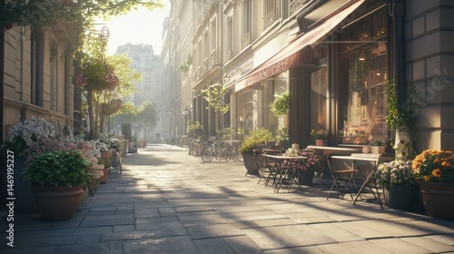 Fototapeta Naklejka Na Ścianę i Meble -  Parisian street cafe at dawn; peaceful, sunny morning