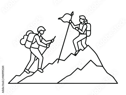 Two women helping each other hike up mountain line drawing illustration