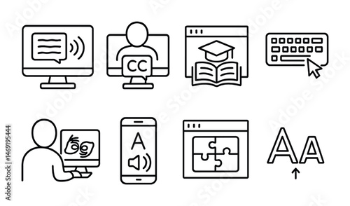 Accessibility and assistive technology line icons set – adaptive, inclusive design symbols