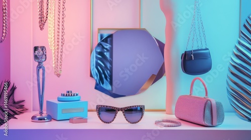 Obraz na płótnie Fashion accessories display with handbags sunglasses and jewelry on pink and blue backdrop for shopping scene w salonie