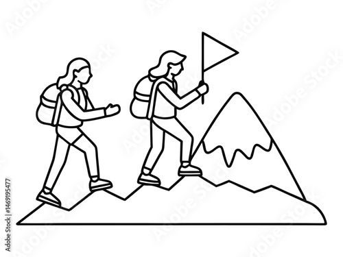 Two women helping each other hike up a mountain, line drawing illustration