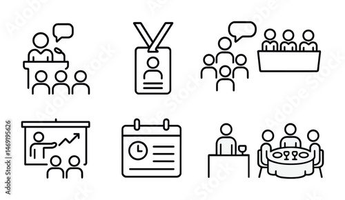 Business and conference outline icons set – flat, silhouette, meeting symbols