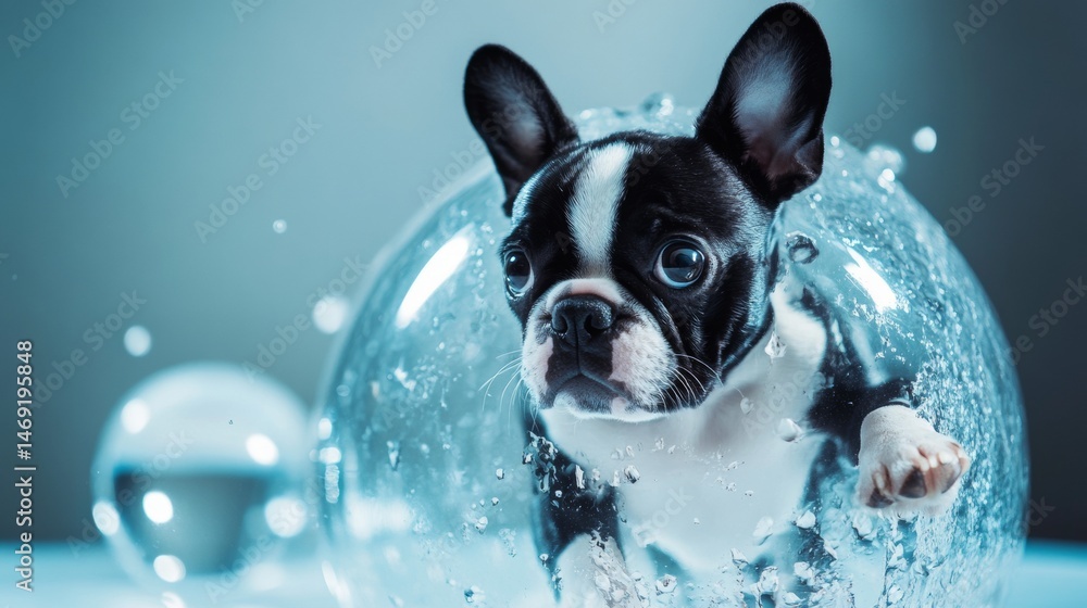 Cute Boston Terrier dog inside glass bubble underwater with bubbles and surreal pet fantasy backdrop