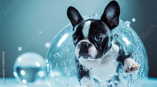 Cute Boston Terrier dog inside glass bubble underwater with bubbles and surreal pet fantasy backdrop