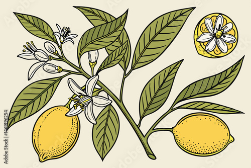 49 detailed botanical illustration, realistic rendering, lemon tree, green leaves, yellow lemons, blooming flowers, detailed textures, vivid colors, photorealistic, botanical illustration, plant study